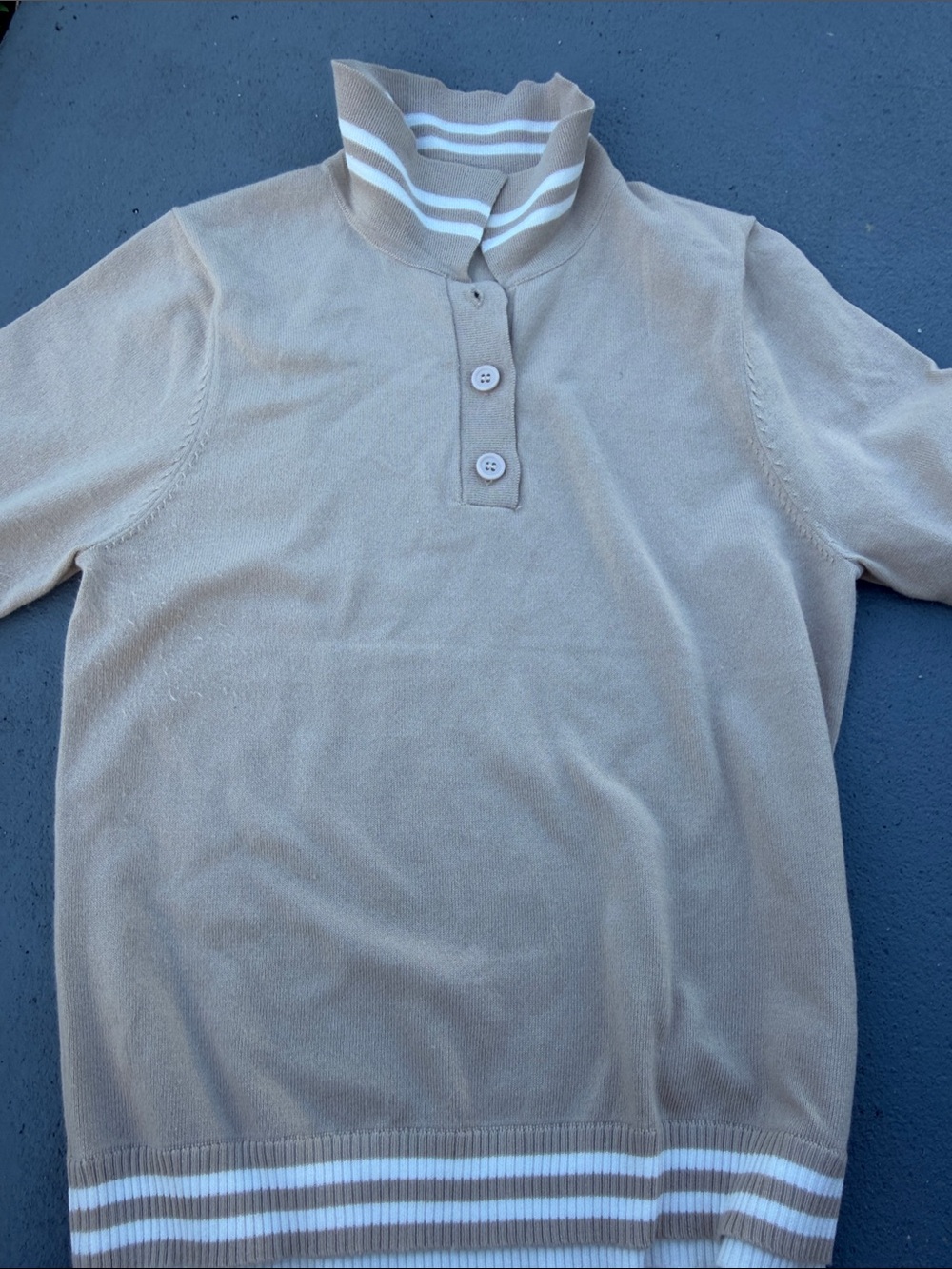 Express Beige Short-Sleeve Knit Top with Striped Trim